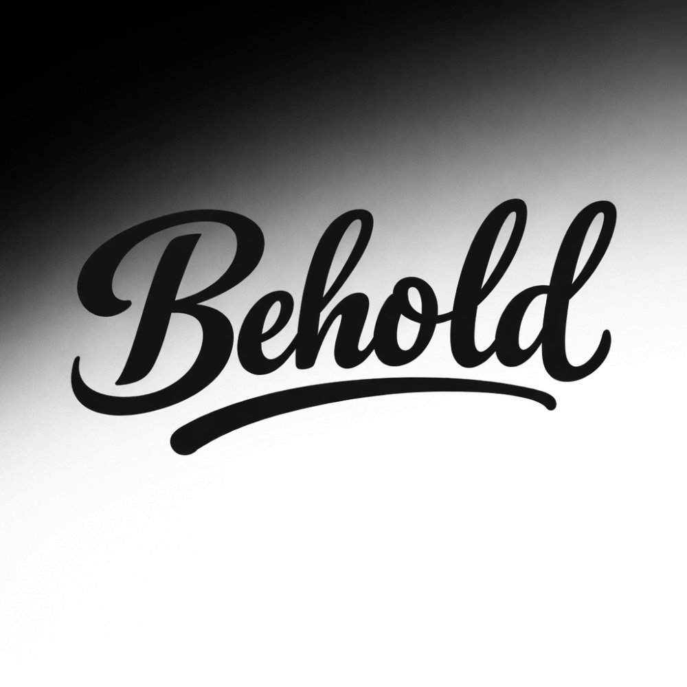 The word 'Behold' in colorful rainbow lettering over a vibrant burst of multicolored rays and sparkles